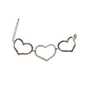 Elegant Silver Three Heart Clear Rhinestone Bracelet Love Valentines Day Romance